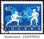 Small photo of POLAND - CIRCA 1963: a stamp printed in Poland shows fencers and knights in armor, 28th World Fencing Championships, Gdansk, circa 1963