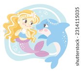 Cute cartoon blonde haired mermaid with a friend dolphin. Vector cartoon isolated illustration in flat style. White background. For print, design, poster, sticker, card, decoration and t shirt design