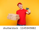 delivery man in red cap t shirt ... | Shutterstock . vector #1145345882