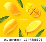 Creative layout made of mango. Flat lay. Food concept. Macro concept. Yellow background.