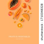 Small photo of Creative layout made of carrot, papaya, orange, grapefruit, apricot, melon, curcuma, and pepper on the orange background. Flat lay. Food concept. Macro concept.