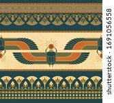Symbols of ancient Egypt with an illustration of a woman with wings, lotus, horizontal seamless pattern and other symbols.