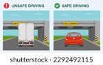 Safe driving tips and traffic regulation rules. Safe and unsafe driving. Semi-trailer and sedan car goes under the low clearance overpass. Flat vector illustration template.