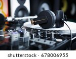 Audio equipment in a DJ school. Professional headphones turntable, sound mixer for a disc jockey. 