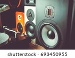 High quality loudspeakers.Hifi sound system in shop for sound recording studio.Professional hi-fi cabinet speaker box.Audio equipment for record studios.Buy dj equip in music store