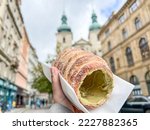 trdelnik, traditional old Bohemian sweet pastry made of yeast dough. Trdelnik is unique cinnamon sugar pastry found throughout Prague, Czech republic. selective focus on dessert over city landmarks