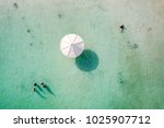 Top down aerial image of people floating in the salty water of the Dead Sea, Israel.