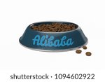 blue doggy bowl with name ALIBABA of dog isolated on white