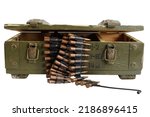 green army crate with ammunition belt isolated on white background