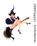 Witch On Broom Retro Pin Up...