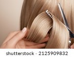 Small photo of Hairdresser cuts long blonde hair with scissors. Hair salon, hairstylist. Care and beauty hair products. Dyed hair