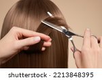 Small photo of Hairdresser cuts long brunette hair with scissors. Hair salon, hairstylist. Care and beauty hair products. Dyed hair