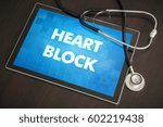 Small photo of Heart block (heart disorder) diagnosis medical concept on tablet screen with stethoscope.