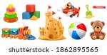 Kids toys. Train, plane, castle, ball, cubes, bear. 3d vector icon set