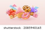 falling cupcake and donuts.... | Shutterstock .eps vector #2085940165