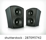 Acoustic speakers in plane wooden body, vector icon