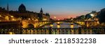 Small photo of PARIS, FRANCE - AUGUST 02, 2018: Panorama view along the Rive Seine at night from Pont d'Arcole toward Pont Notre-Dame and the law courts