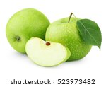 Group of ripe green apples with green apple leaf and green apple slice isolated on white background. Green apples and apple cut with clipping path