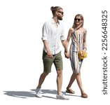 Small photo of Man and woman walking casually hand in hand on a sunny summer day isolated on white background
