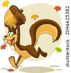 Outlined Happy Squirrel Cartoon Mascot Character Running With Acorn. Raster Hand Drawn Illustration Isolated On Transparent Background