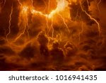 Dramatic religious background - hell realm, bright lightnings in dark red apocalyptic sky, judgement day, end of world, eternal damnation