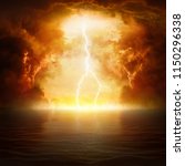 Small photo of Apocalyptic religious background - hell realm, bright lightning in dark red apocalyptic skies, judgement day, end of world, eternal damnation