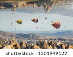 Unreal fantastic world, impossible surreal terrain, hot air balloons fly like fish in sky