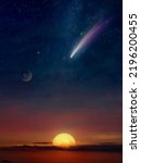 Small photo of Amazing unreal background: giant colorful comet and dark planet in starry sky over glowing sunset. Comet is icy small Solar System body. Elements of this image furnished by NASA. Mixed media image.
