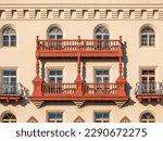 Exterior symmetry of historic resort hotel opened in 1888, a mixture of Moorish Revival and Spanish Baroque Revival architecture, in downtown St. Augustine, Florida