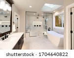 Luxury modern home bathroom interior with dark brown cabinets, white marble, walk in shower, free standing tub, two mirrors, flowers.