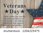 Veterans Day message thanking the military and their families text with USA patriotic old star on a weathered wood