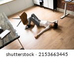 Small photo of Office Slip And Fall Accident. Fainted Woman At Workplace