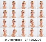 Collage of young woman with various expressions over white background