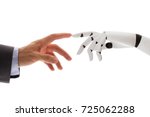 Close-up Of Businessperson Finger Touching Robotic Finger Over White Background