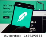 Small photo of Montreal, Canada - March 08, 2020: Robinhood app and logo on screen. Robinhood financial services company. The company offers mobile app and website that offers people the ability to invest in stocks