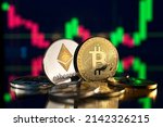 Bitcoin and cryptocurrency investing concept. Bitcoin cryptocurrency coins. Trading on the cryptocurrency exchange. Trends in bitcoin exchange rates. Rise and fall charts of bitcoin.