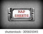 Small photo of Drawer label with Rap Sheets in red text. A North American term for law enforcement records which show a person's history of criminal arrests and convictions. Rendered in black and white for effect