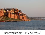 View of the ancient Ramnagar Fort from the river Ganges. The Ramnagar Fort of Varanasi was built in 1750 in typical Mughal style of architecture.