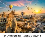 Hot Air Balloons At Sunset In...