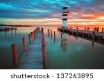 Lighthouse at Lake Neusiedl at sunset