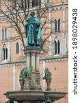 Small photo of Henry the Lion Fountain in Braunschweig, Germany. The fountain was unveiled in 1874. It was survived largely unscathed during the Second World War.