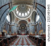 Small photo of ESZTERGOM, HUNGARY - OCTOBER 7, 2015: Fisheye view of interior of Esztergom Basilica. The Primatial Basilica of the Blessed Virgin Mary Assumed Into Heaven and St Adalbert was built in 1822-1869.