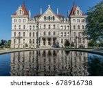 New York State Capitol Building reflection from East Capitol Park in Albany. New York