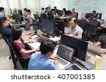 Asian Software Developers Business People Sitting Desk Working Laptop Computer Businesspeople Team Real Office