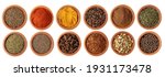 Small photo of Set spice, coriander, red paprika powder, turmeric, colorful mixed pepper grains, cinnamon, dry chives, oregano, cumin, star anise, spicy chili pepper flake, vegetable mix, allspice, isolated on white