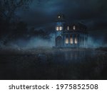3D Rendering, illustration of a creepy  haunted mansion in a swamp at night. high contrast image