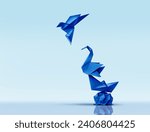 Small photo of Aspiring for Greatness and Pursuing Excellence or climbing higher concept and advancing to new heights metaphor as blue origami paper sculptures as a personal development or business training.