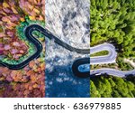 Winding road in the forest. Autumn, summer and winter time collage. Top down aerial view from a drone.