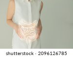 Small photo of Unrecognizable female patient in white clothes, highlighted handrawn intestine in hands. Human digestive system issues concept.