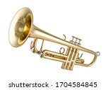 Golden shiny new metallic brass trumpet music instrument isolated on white background. musical equipment entertainment orchestra band concept.